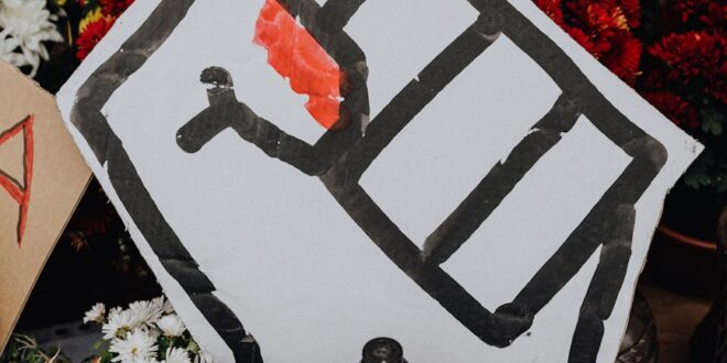 cardboard protester signs with one with fist in middle